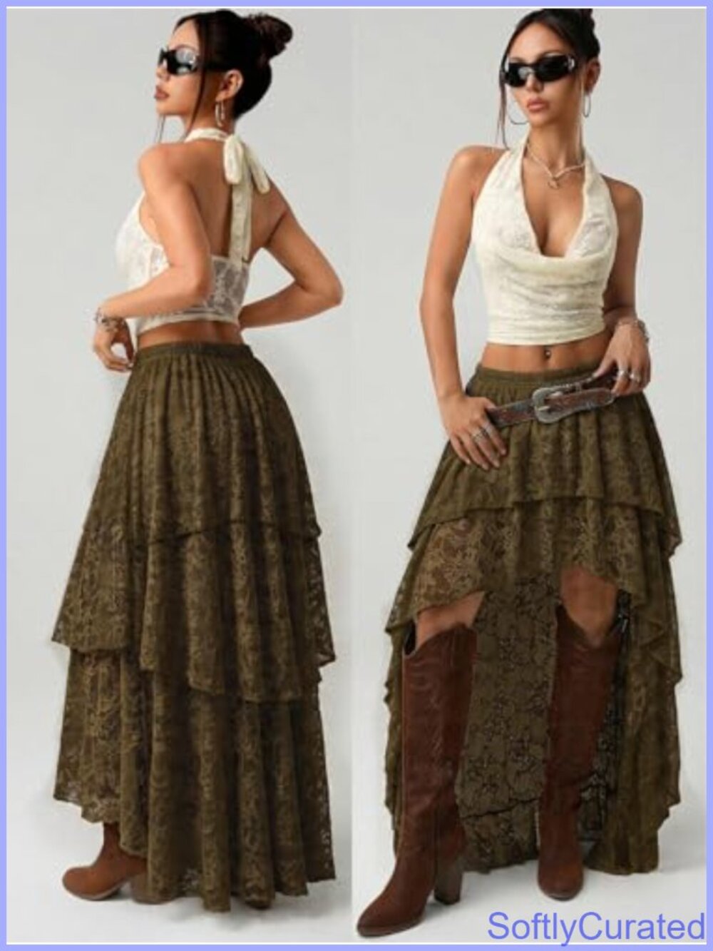 Maxi Skirt Y2K Lace Ruffle Asymmetrical High Low Rave Festival Outfit - Picture 3 of 6